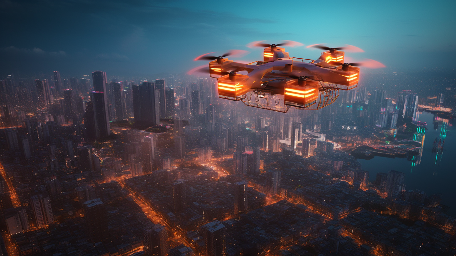 Futuristic city with drone delivering parcels