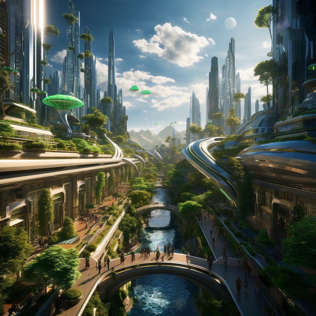 Futuristic city with green life scenery