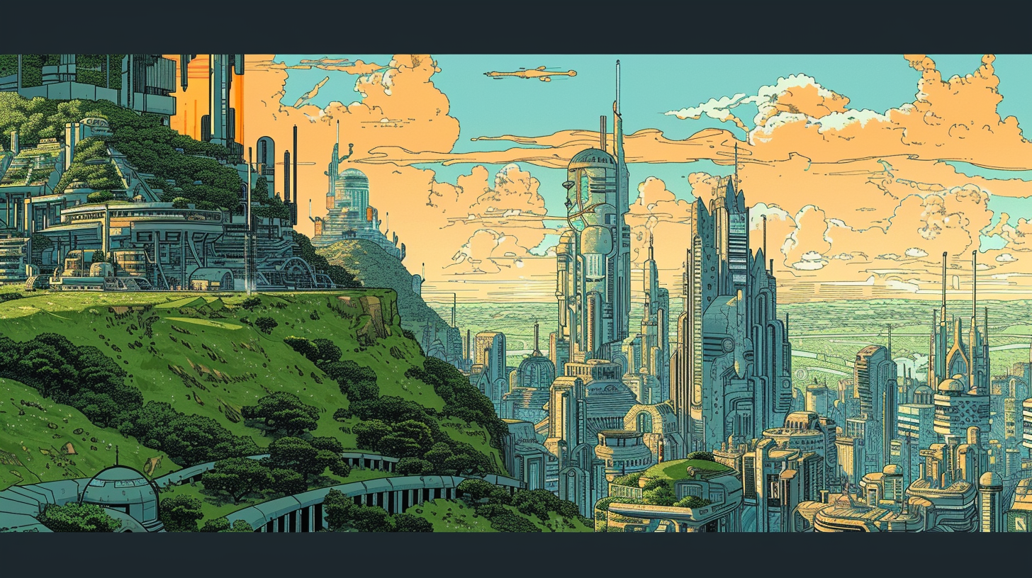 Hill overlooking futuristic city illustration