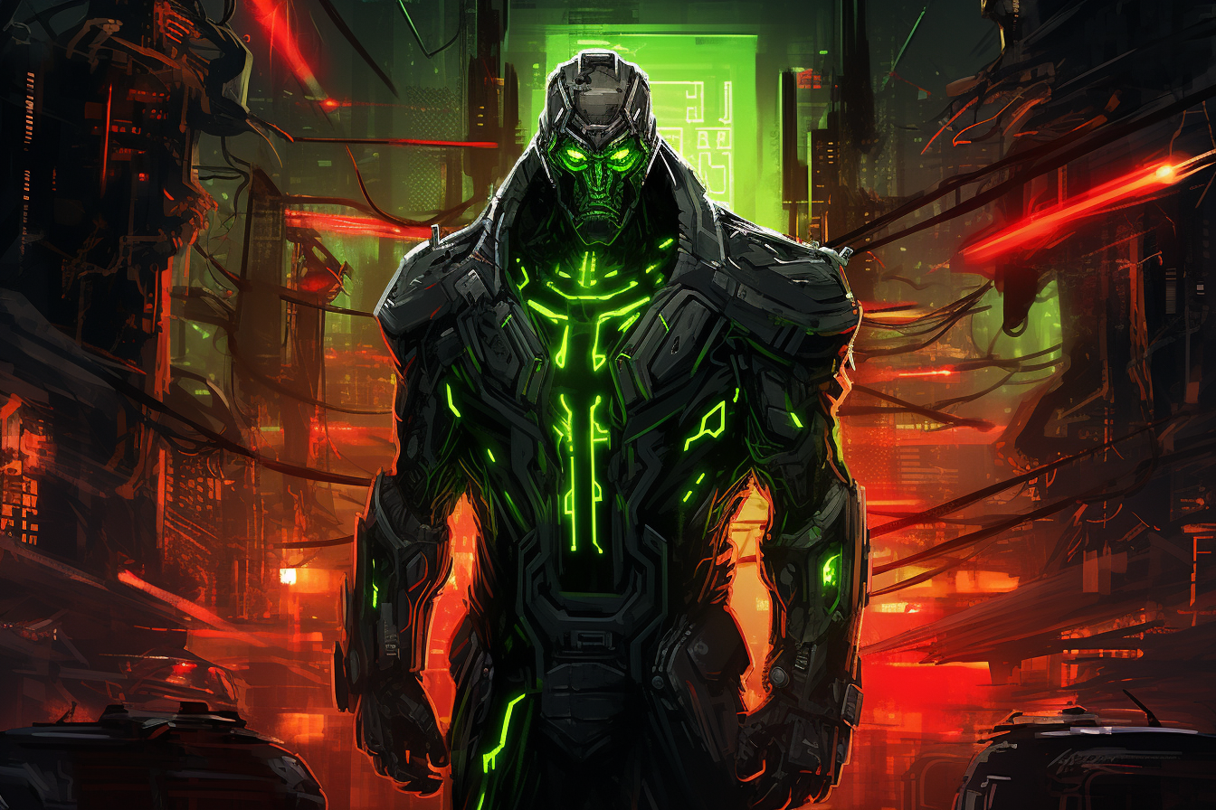 Futuristic city with hulk robot outlined in green neon