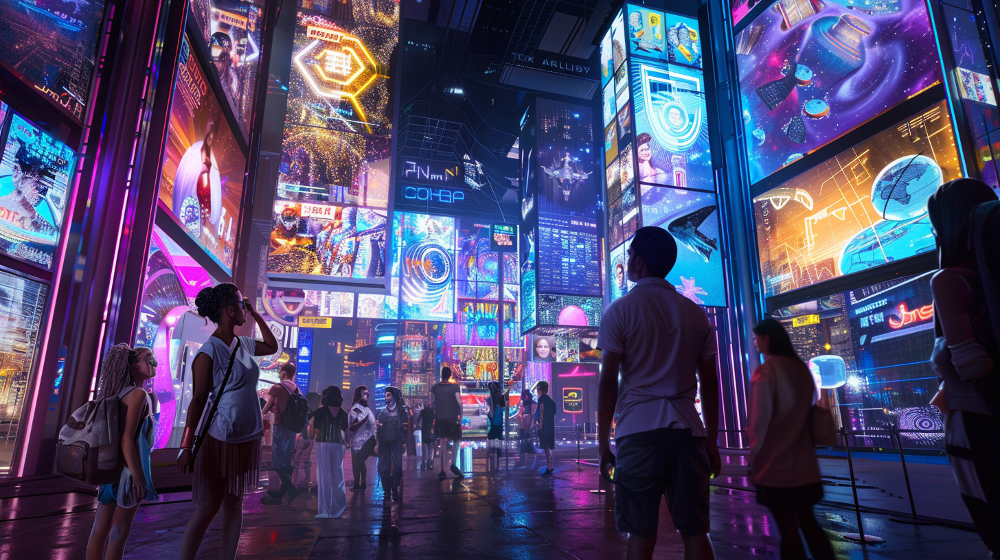 people in futuristic city lights