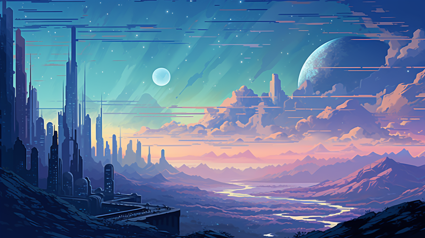 Futuristic city on hill in pixel art