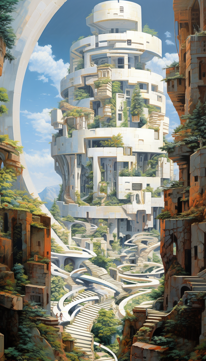 Futuristic city painting with an urban spiral resemblance