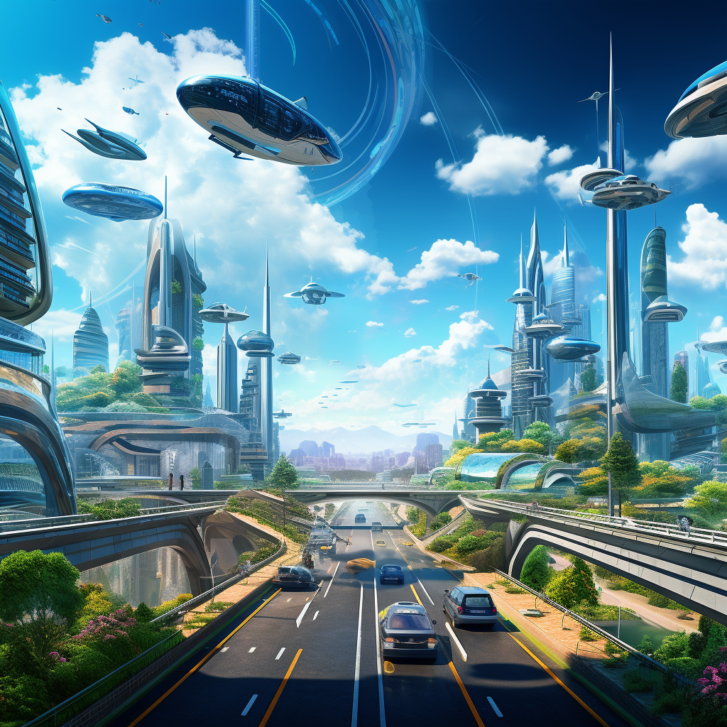 Futuristic city with flying cars