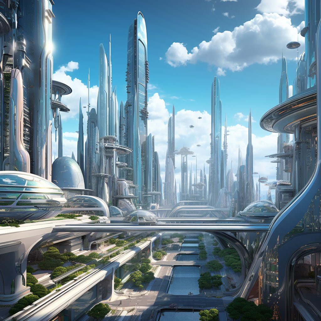 Aerial view of futuristic city with tall buildings