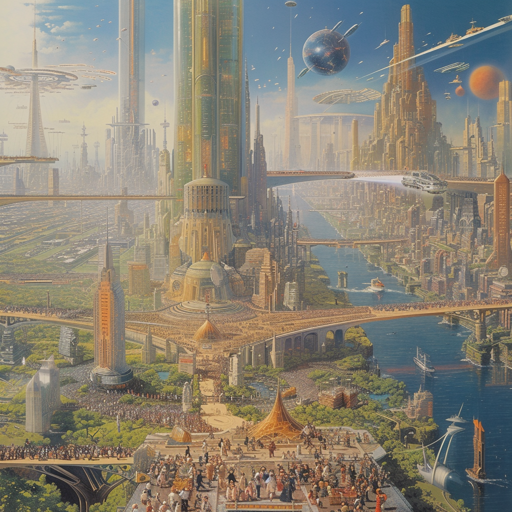 Futuristic cityscape with diverse population