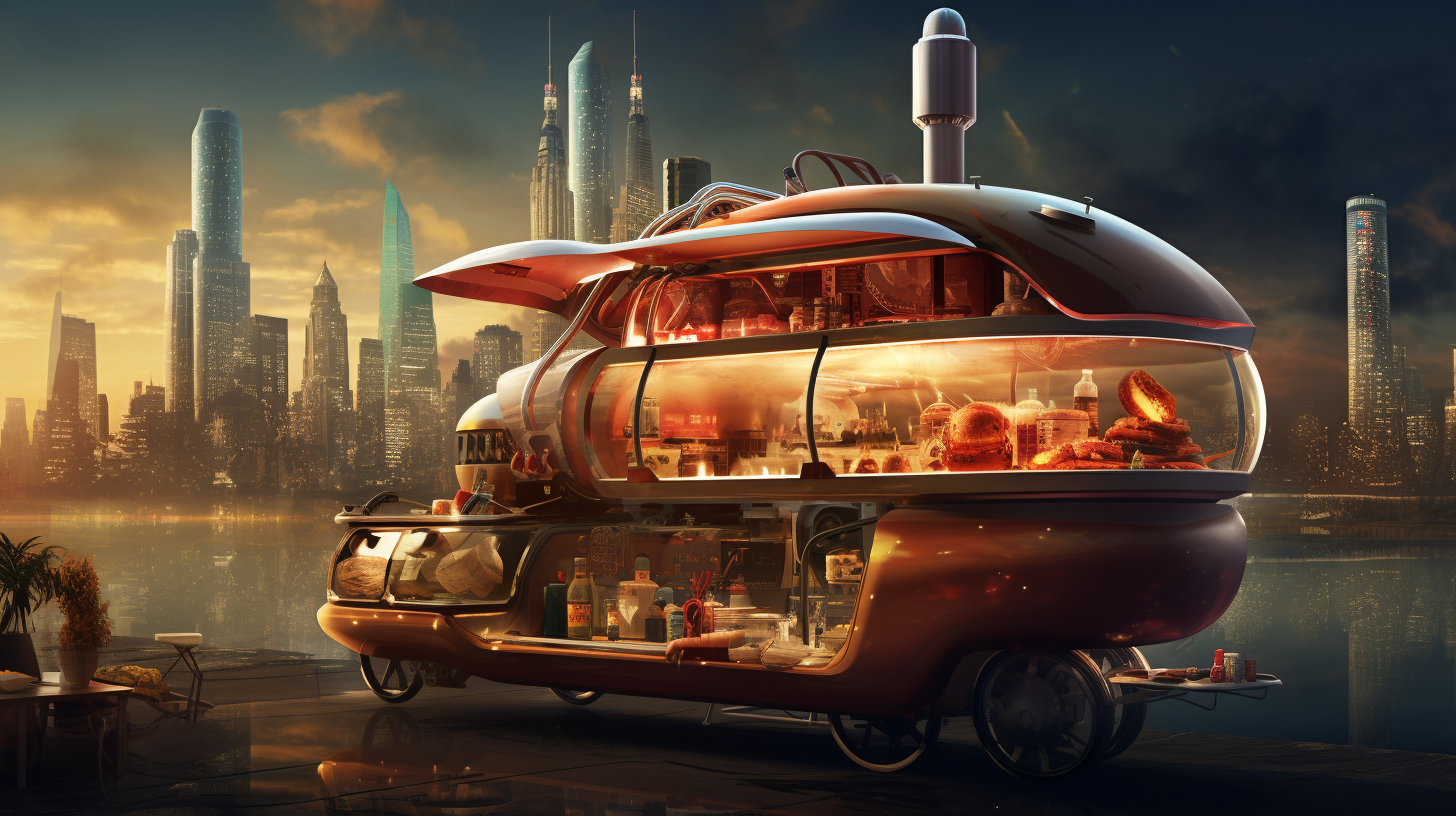 Futuristic cityscape hotdog cart photo