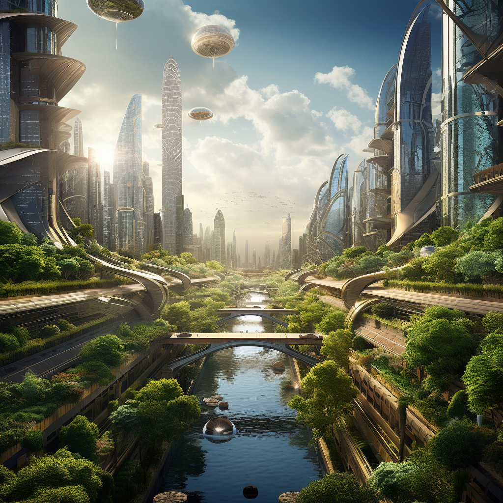 Futuristic cityscape with technology and nature harmonizing