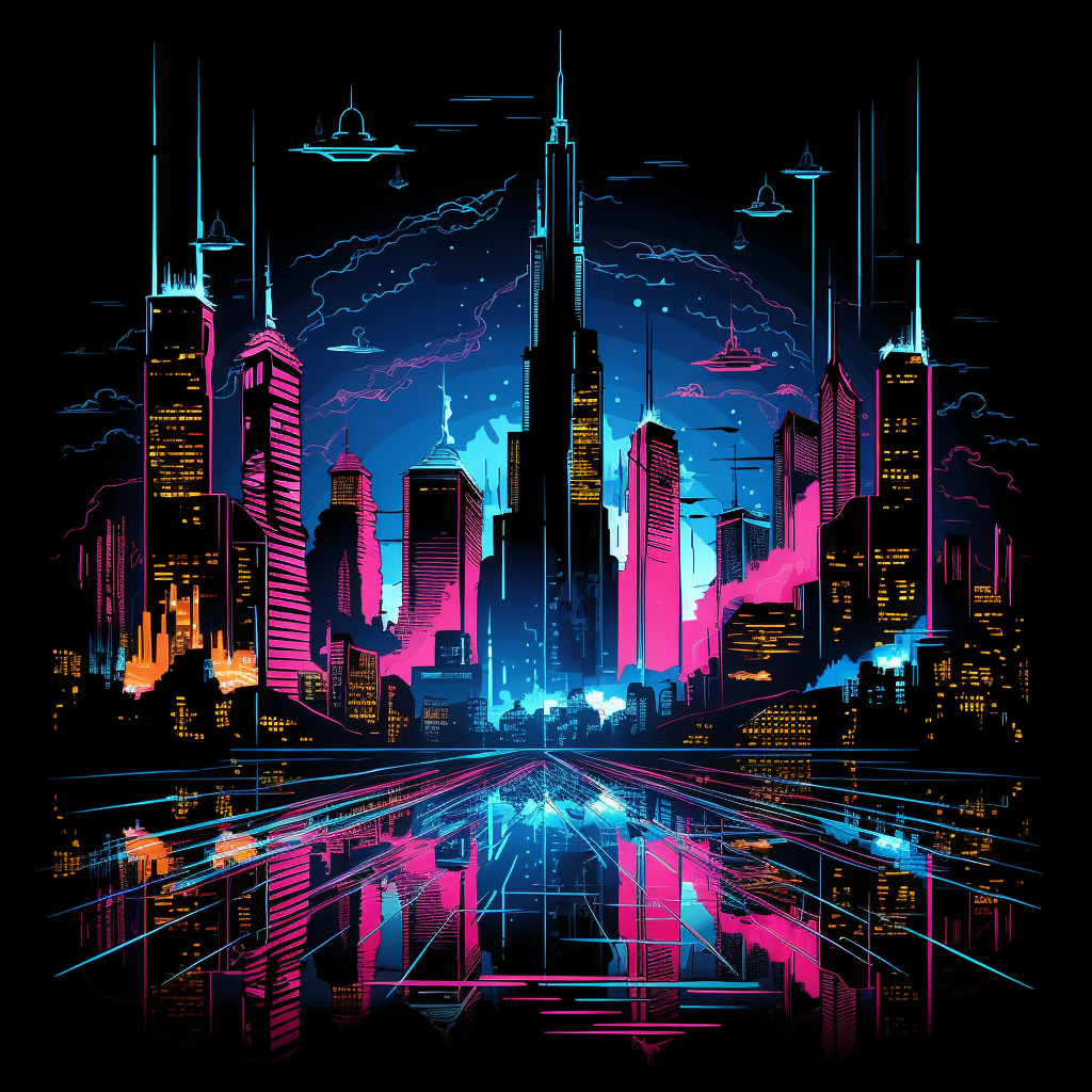 Futuristic Cityscape with Skyscrapers and Neon Signs