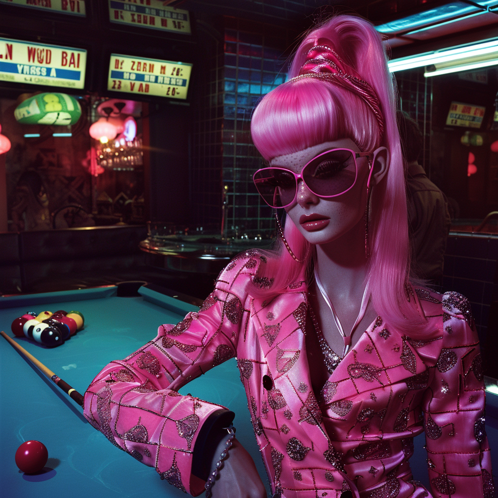 Futuristic clubber playing snooker with Barbie girl