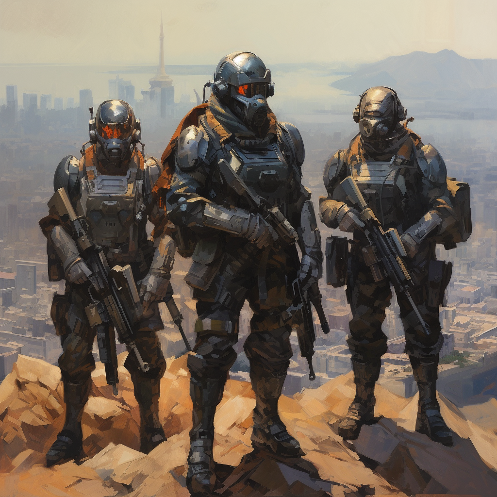 Short men in futuristic combat armor on hill