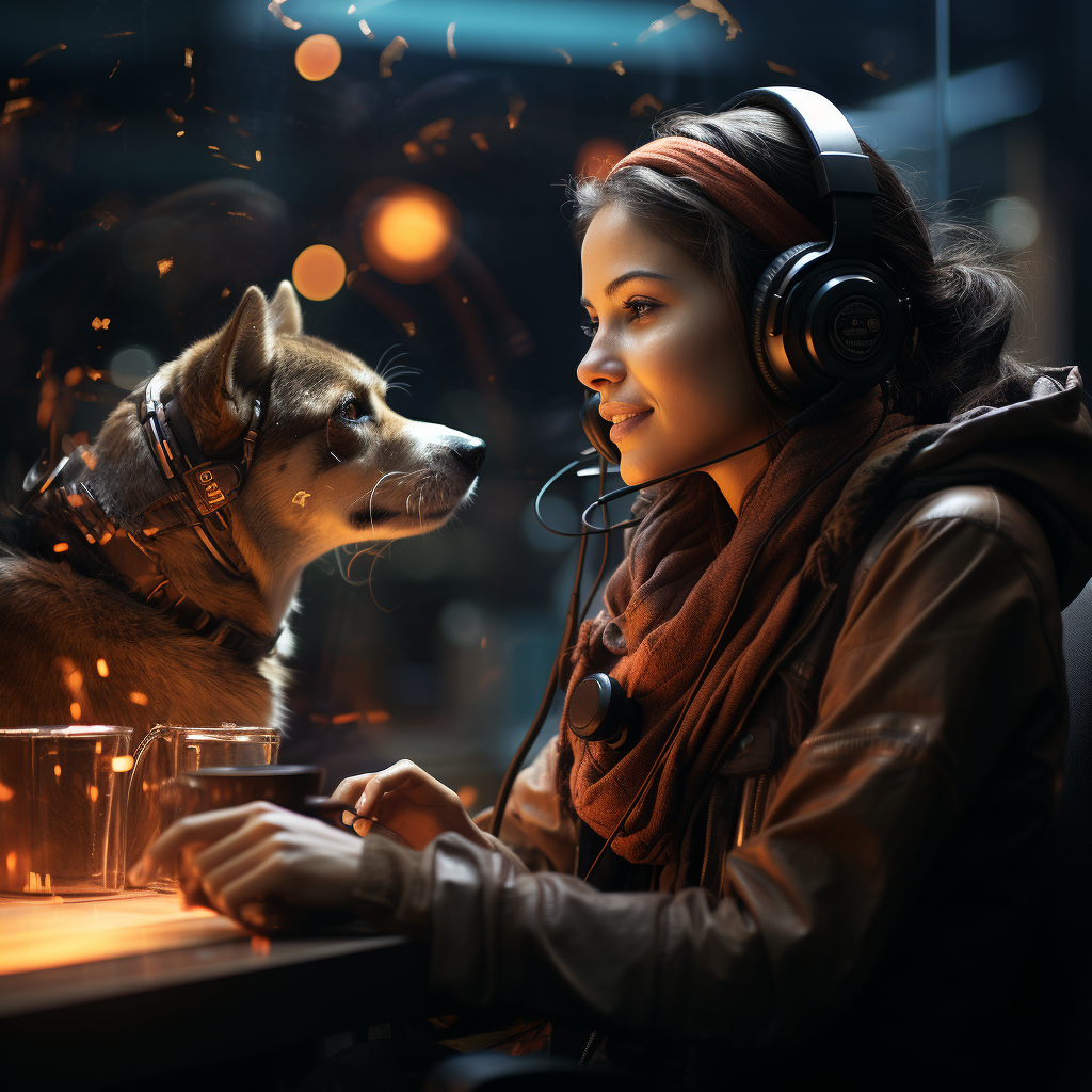 Woman using futuristic communication device to talk to dog