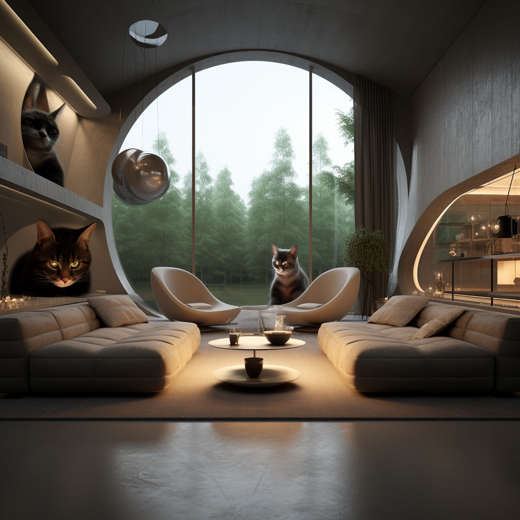 Futuristic home with leather couches and cats