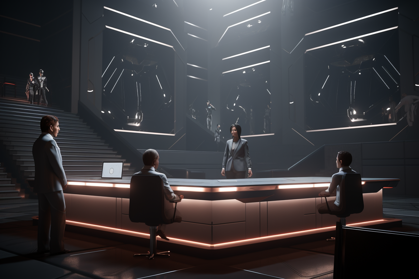 Futuristic courtroom with judge, convict, and lawyer