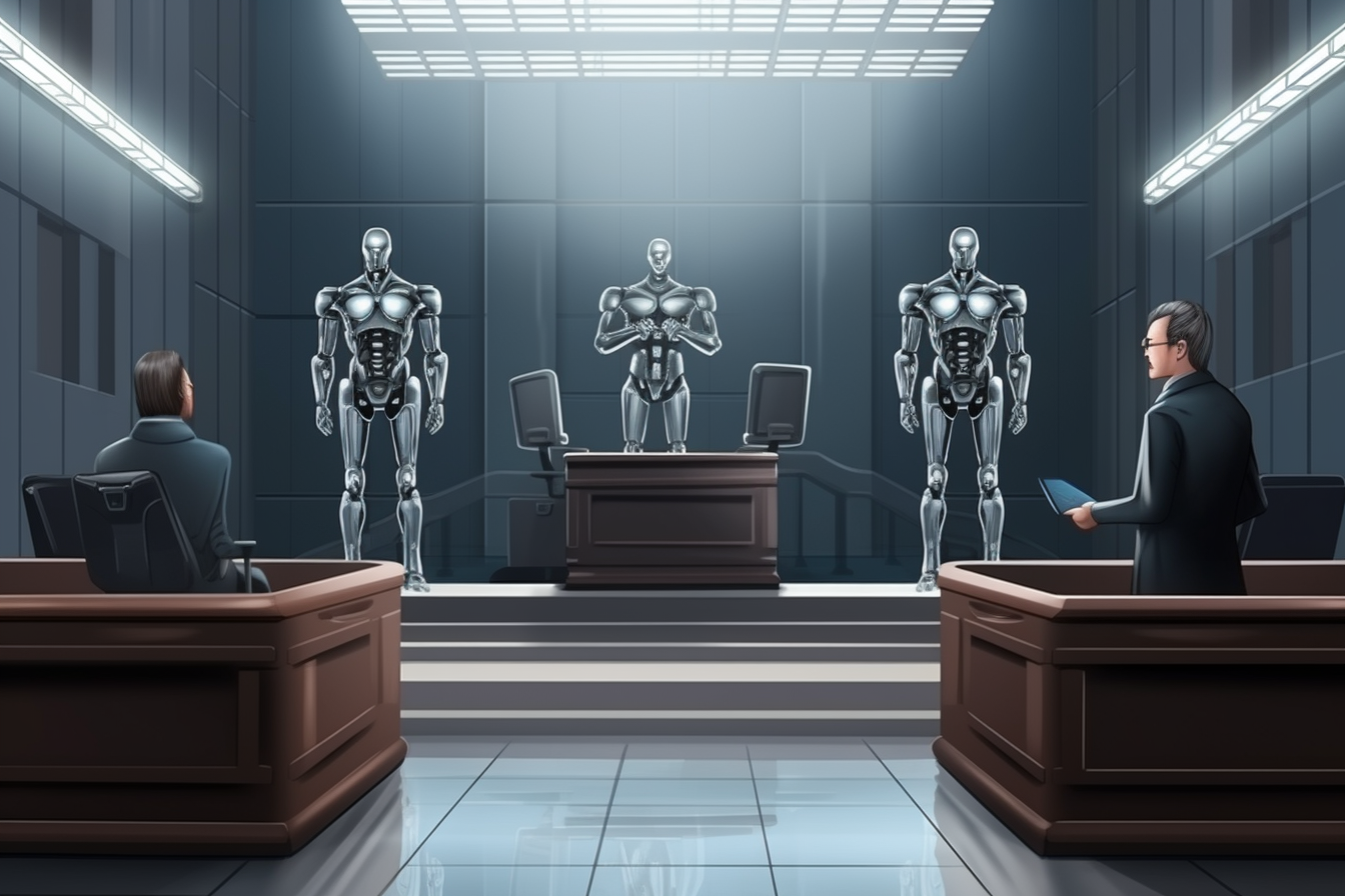 Futuristic Courtroom with Judge, Convict, and Lawyer