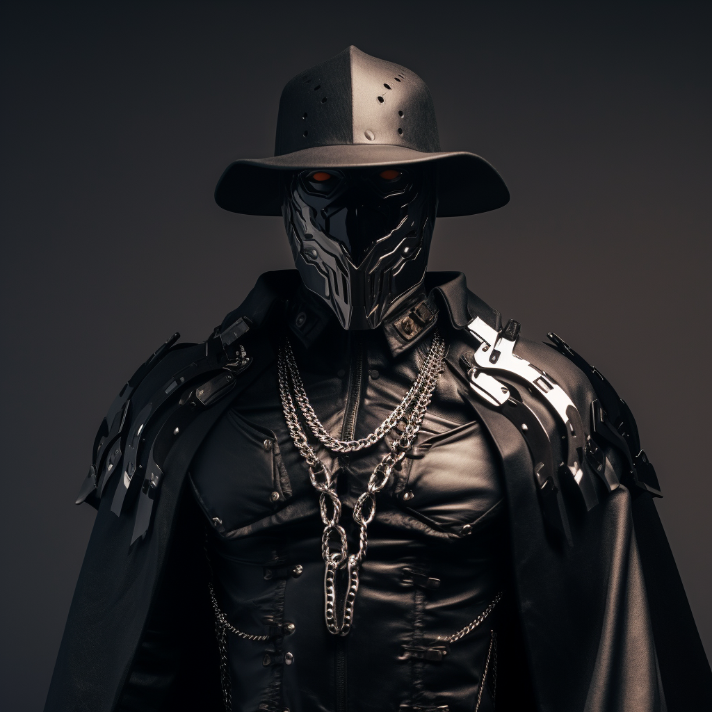 Futuristic black armored military cowboy with hat