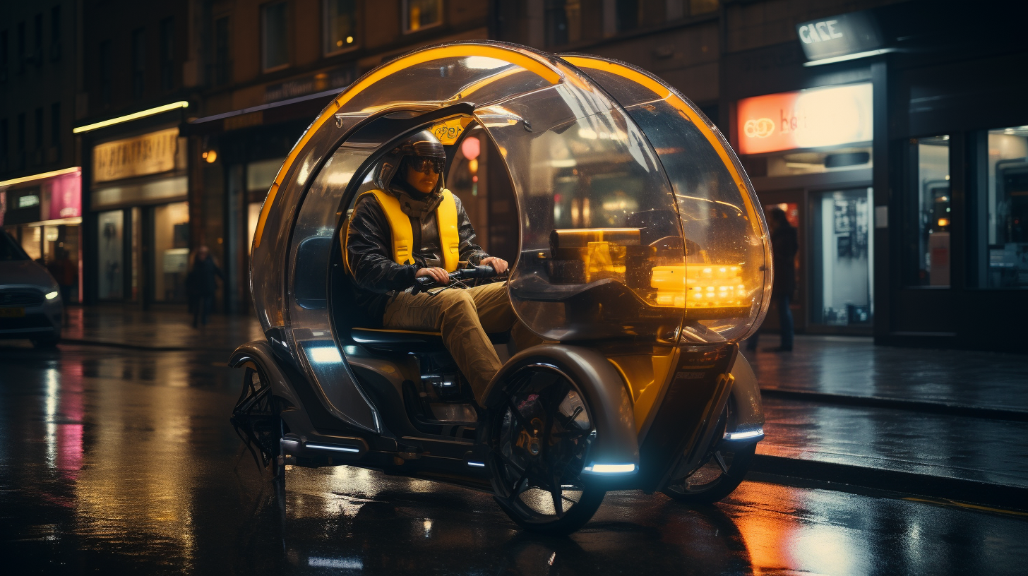 Futuristic cyberpunk pedicab roaming through London