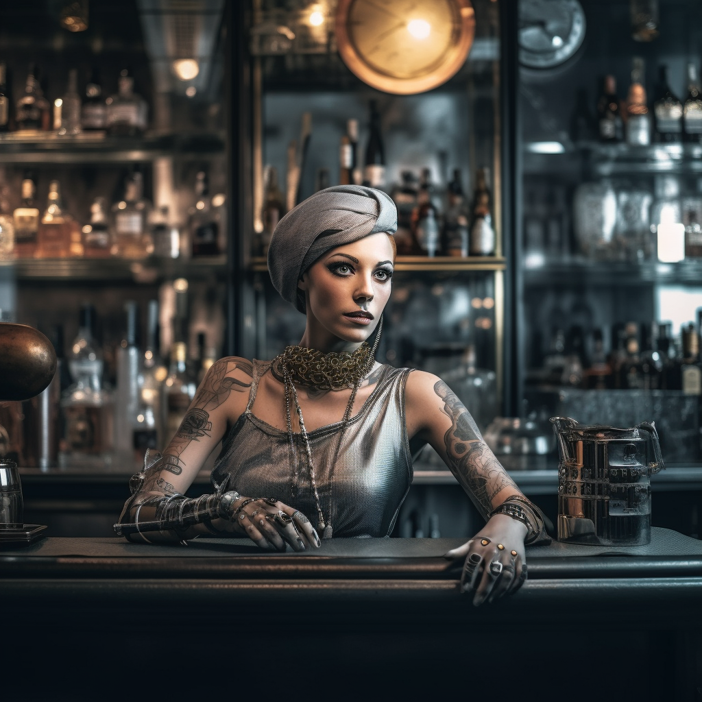 Female cyborg bartender serving drinks