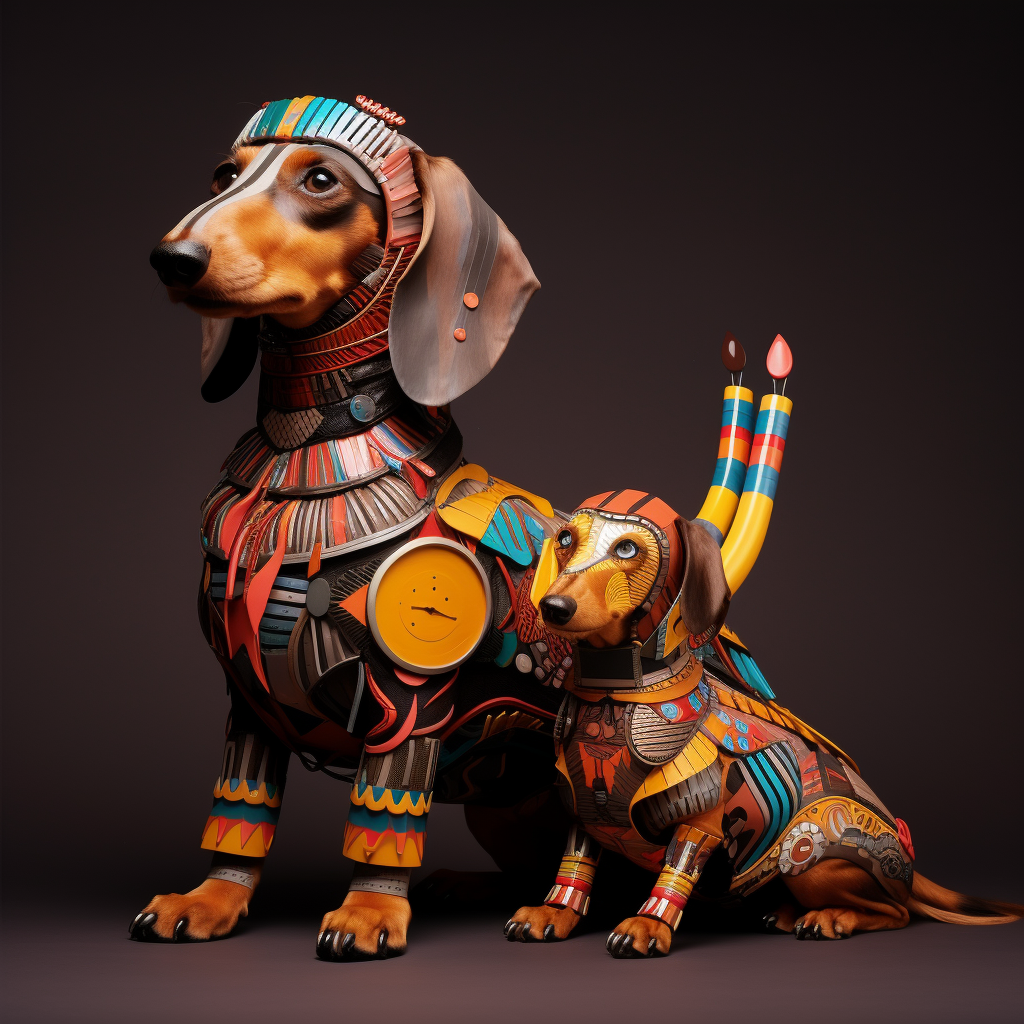 Futuristic dachshunds with colorful tribe in the image