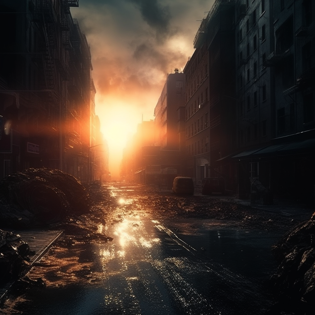 Sun crashing into Earth on an apocalyptic street