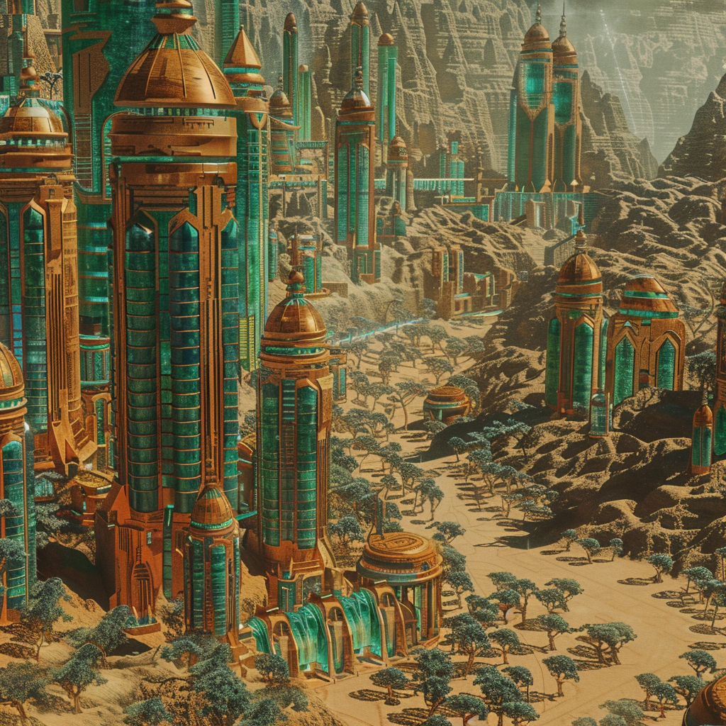 Cityscape with futuristic desert buildings