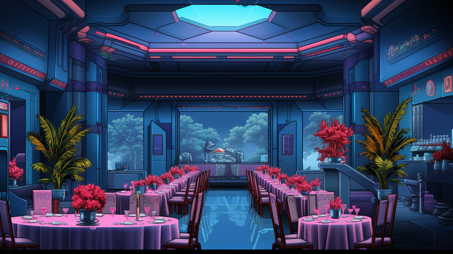 Futuristic dinner banquet in 8-bit theme