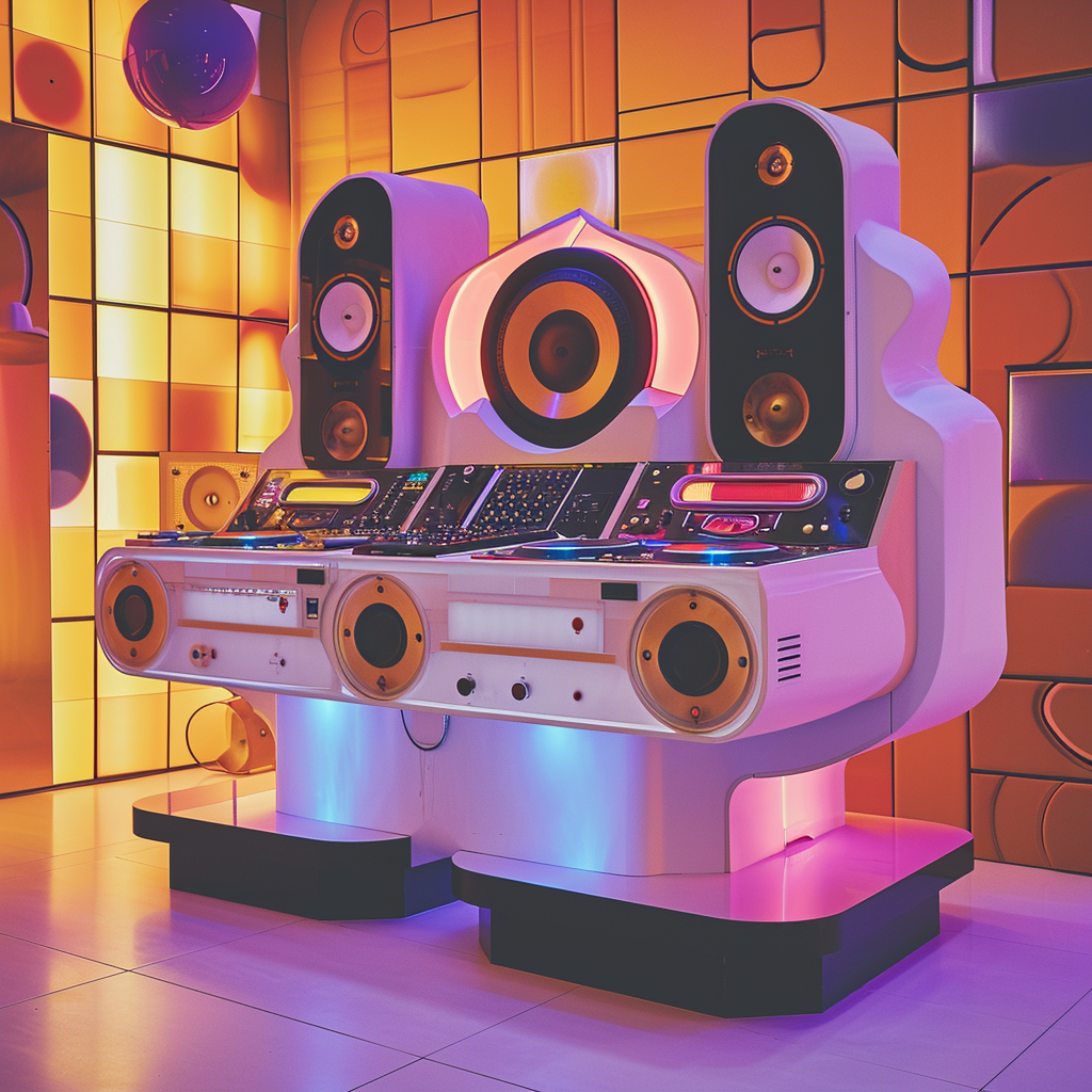 Futuristic DJ booth with vinyl record players