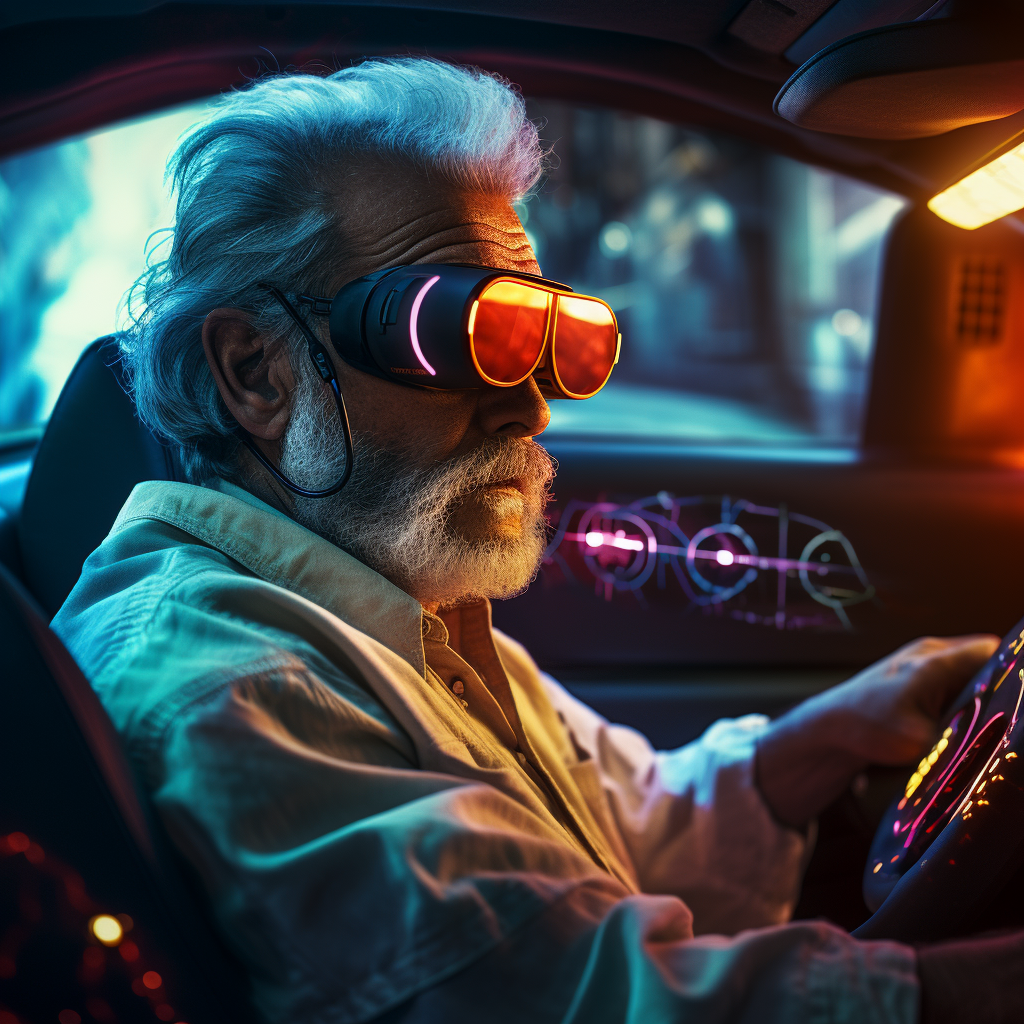 Older man driving with cybernetic glasses