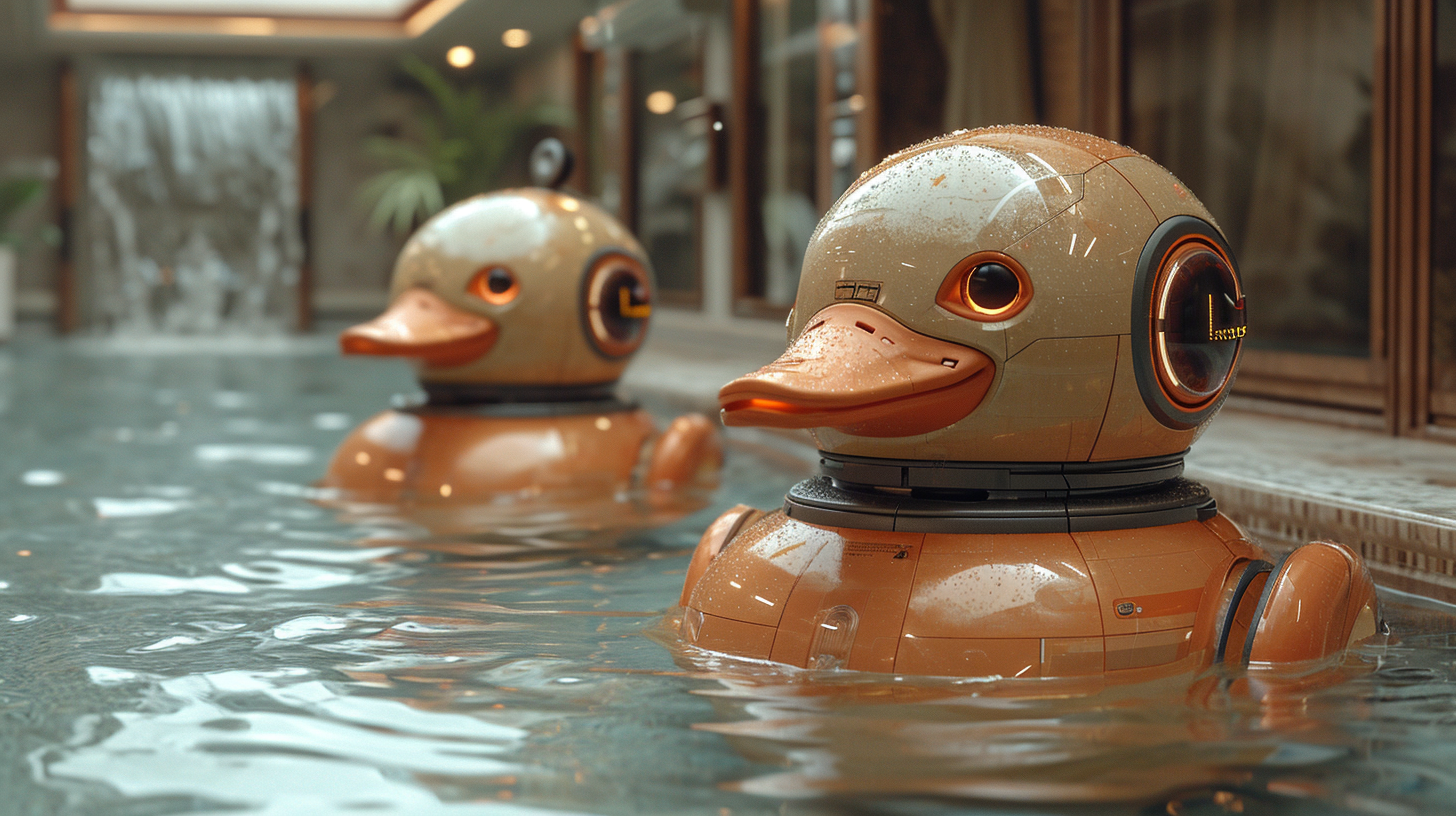 futuristic duck robots racing indoors