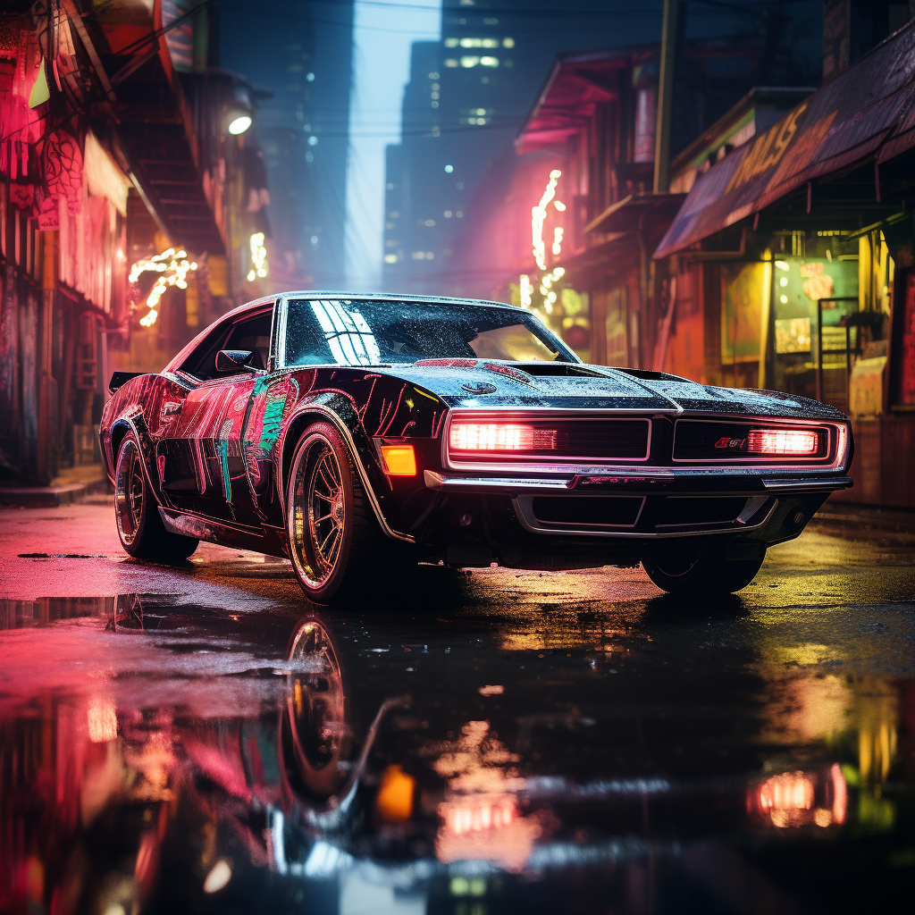 Vibrant neon-lit muscle car in dystopian alley