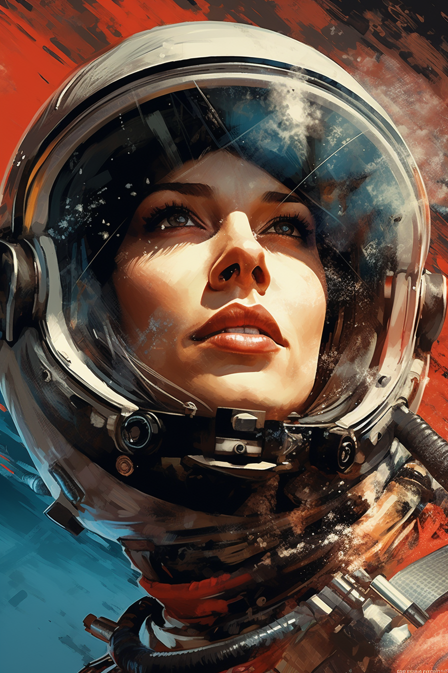 Futuristic elegant woman astronaut exploring imaginary planets