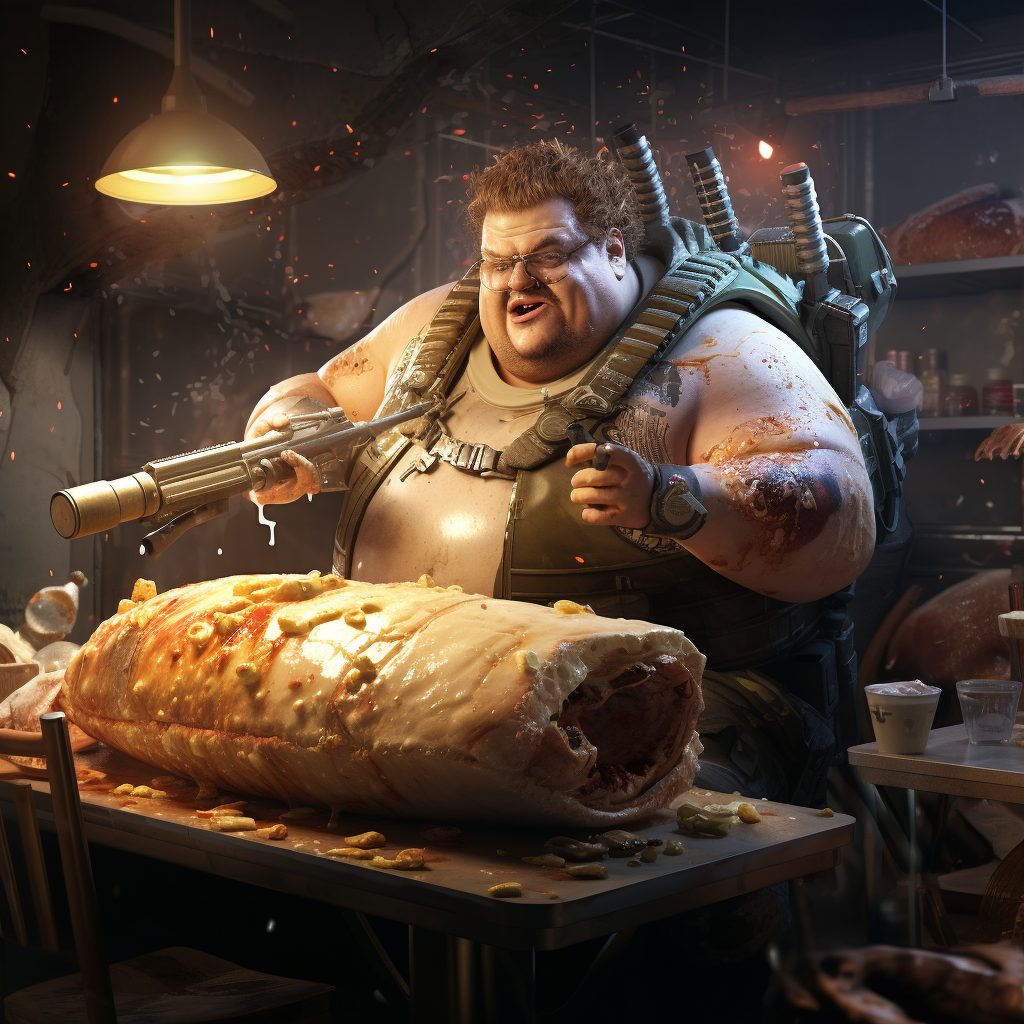 Fat mercenary with malfunctioning implants fights zombie toasters