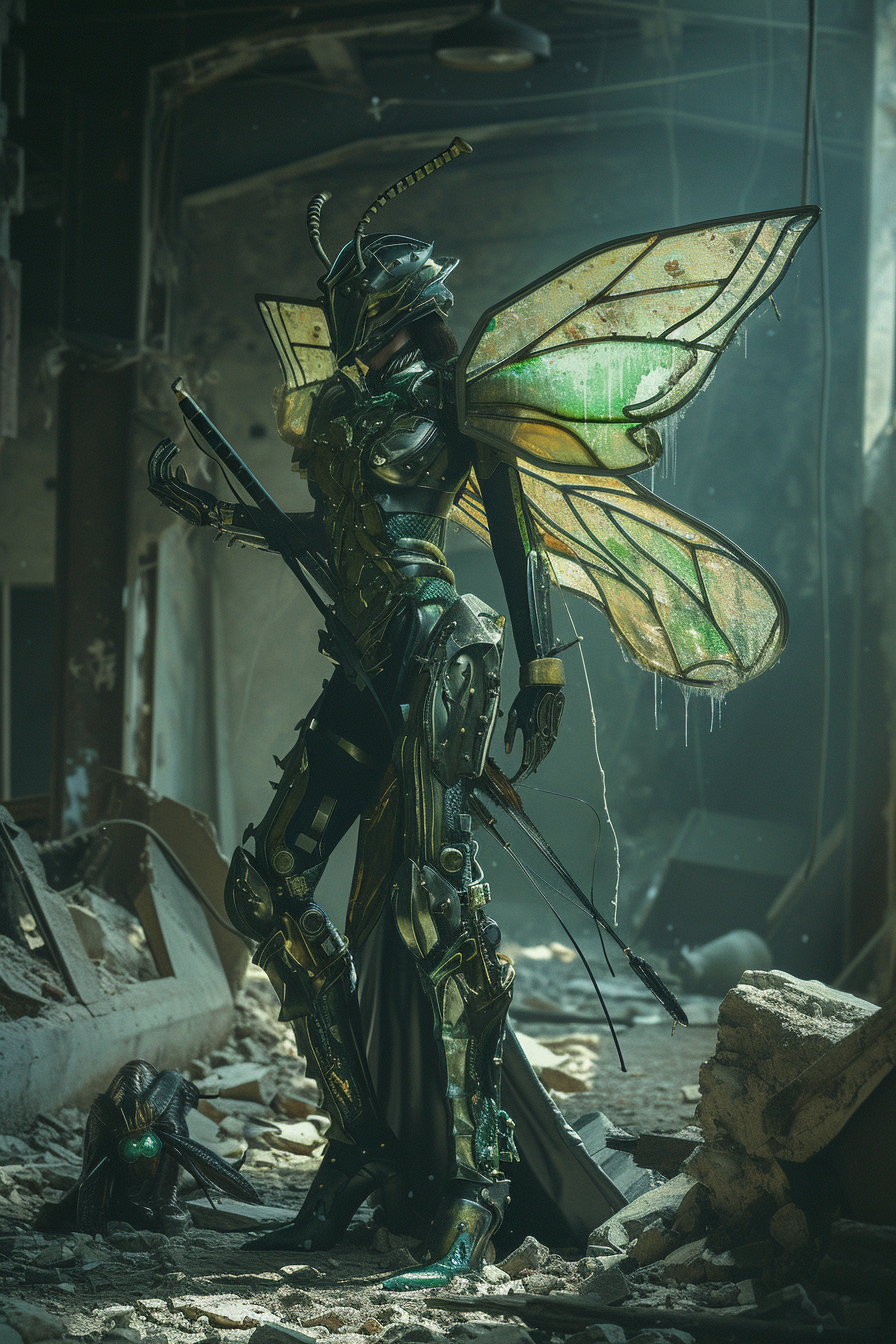 Futuristic Female Warrior in Ruins Holding Wasp Head