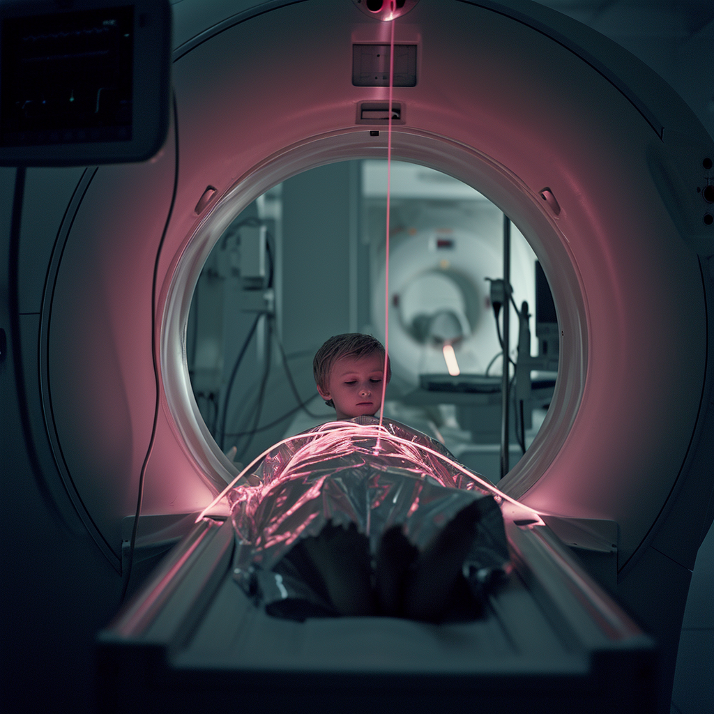 Boy being scanned by futuristic MRI machine