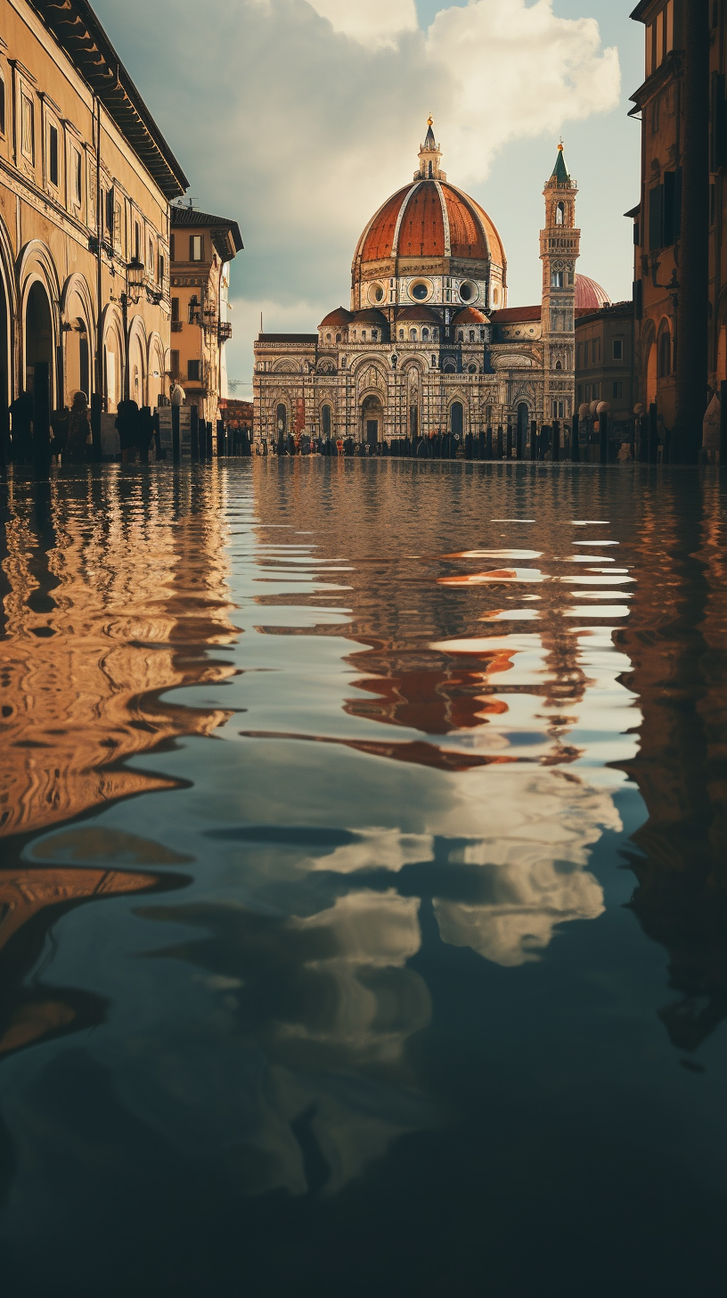 City of Florence reflected in floodwaters