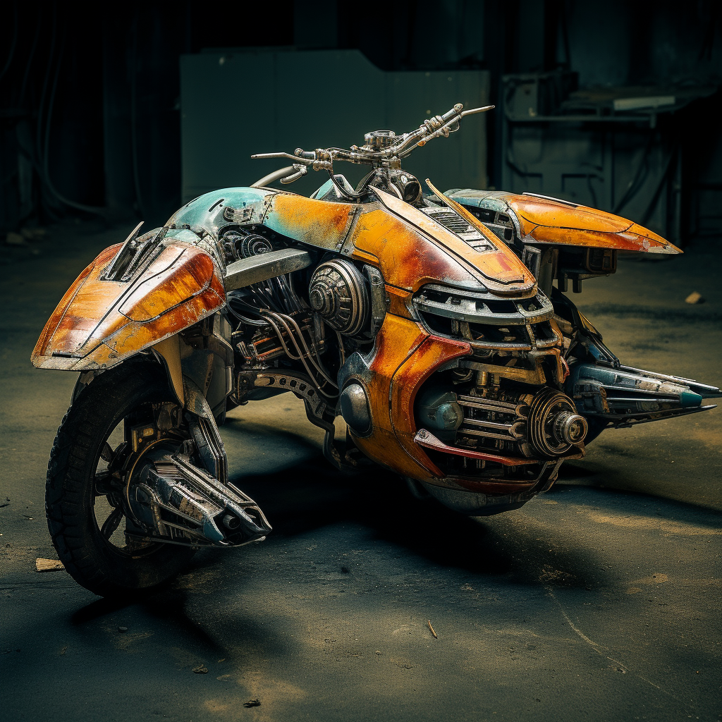 Well-used futuristic flying motorcycle