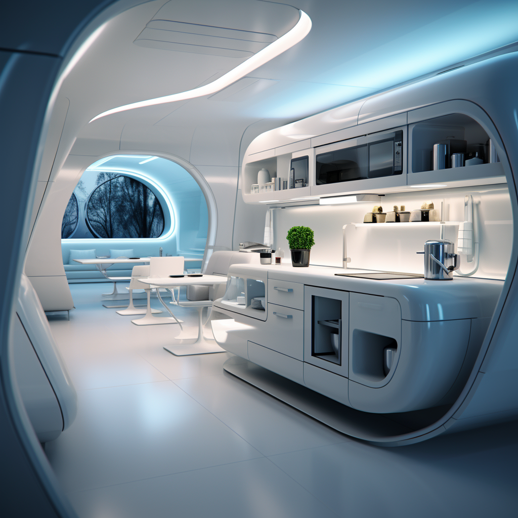 Futuristic kitchen design with smart storage and multi-purpose furniture