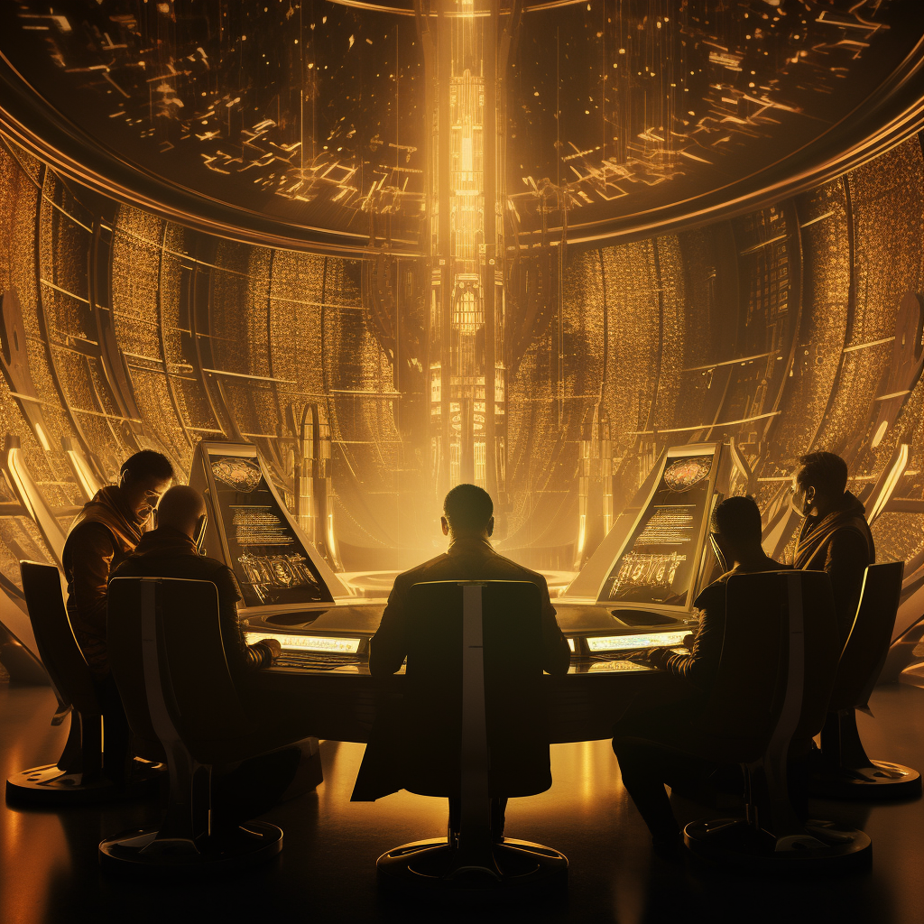 Gold and black futuristic council room