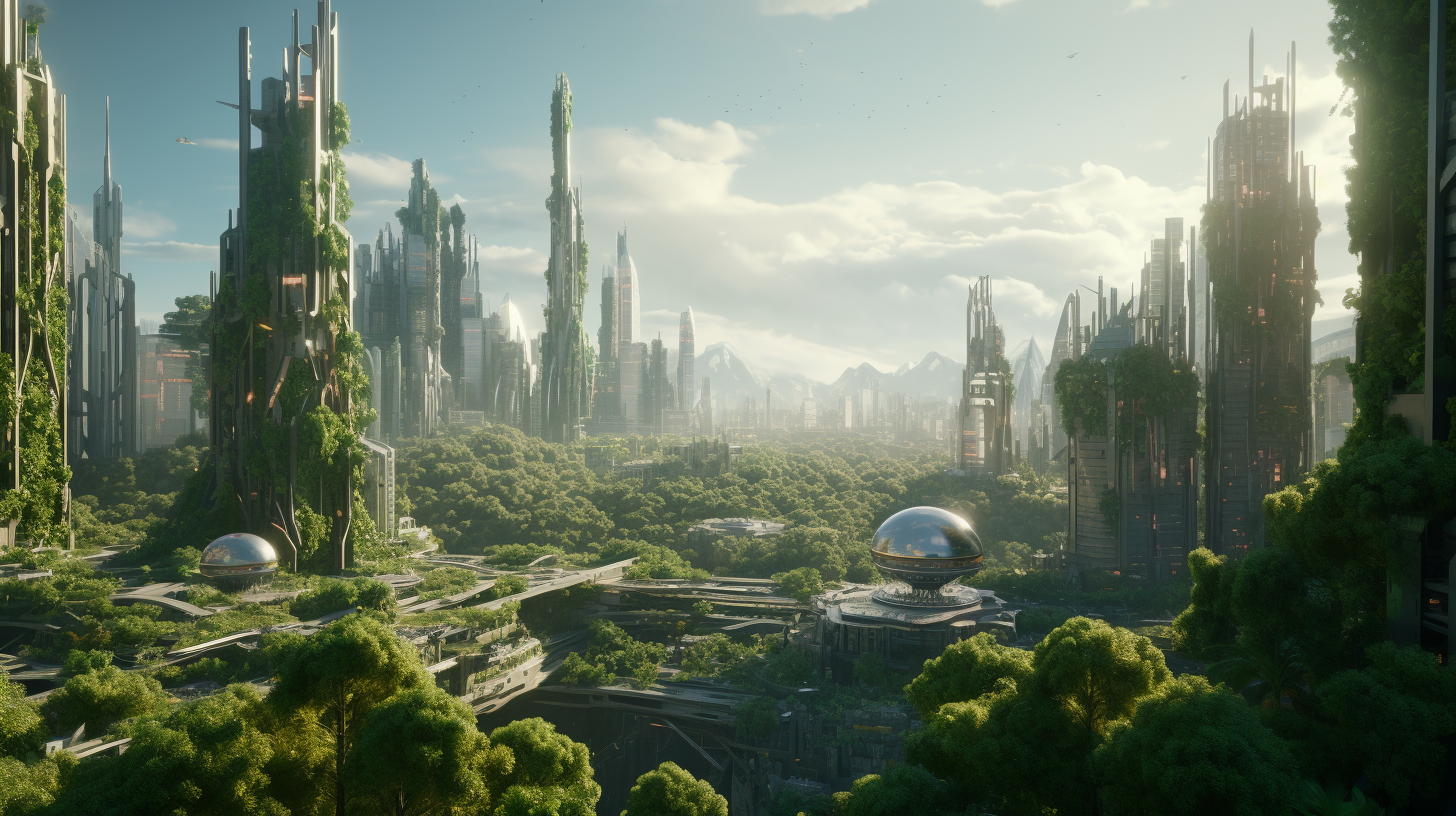 Futuristic city with overgrown greenery