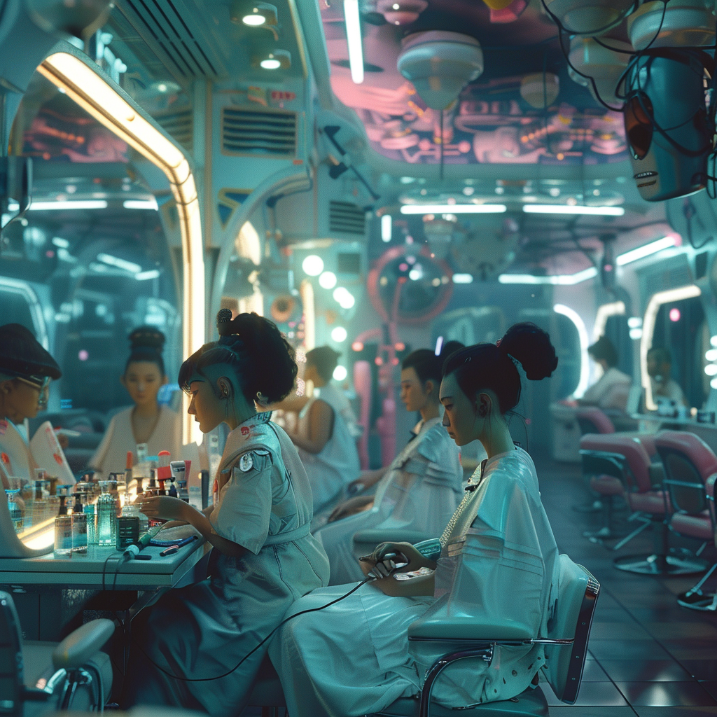 futuristic hair salon scene 2035