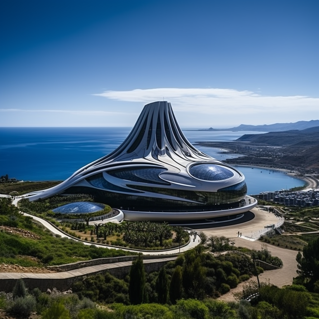 Striking futuristic building on hillside overlooking port city