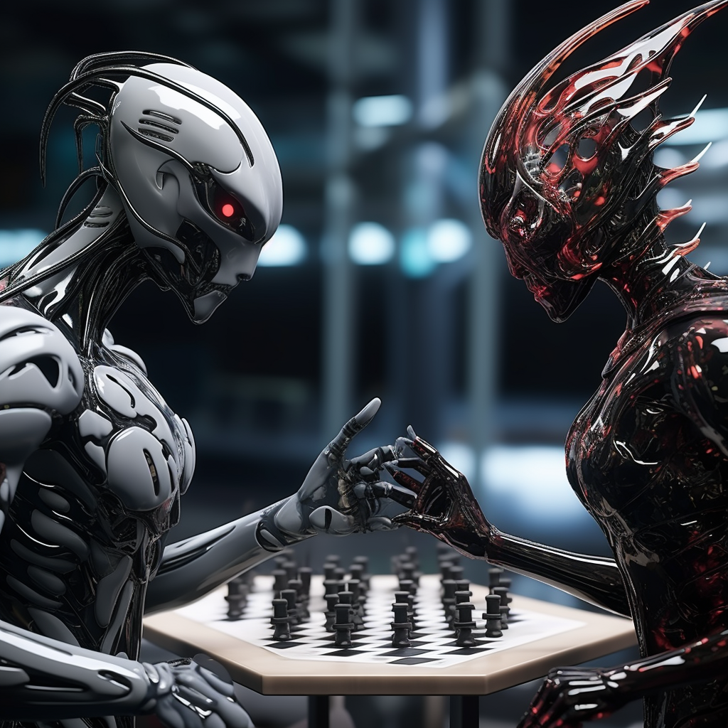 Cyber demons playing chess with body chess pieces