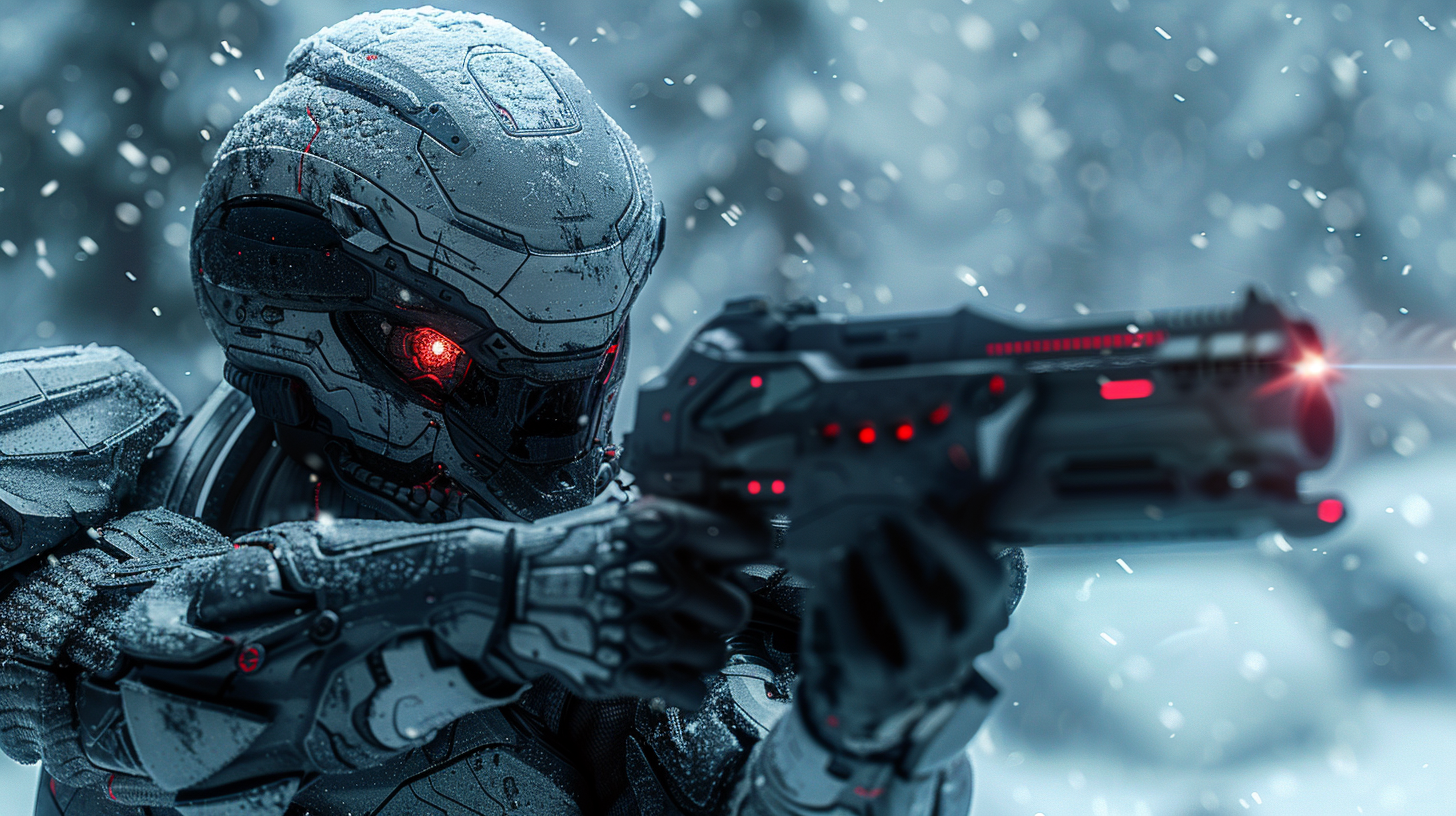 Cobra head humanoid with laser gun on snow