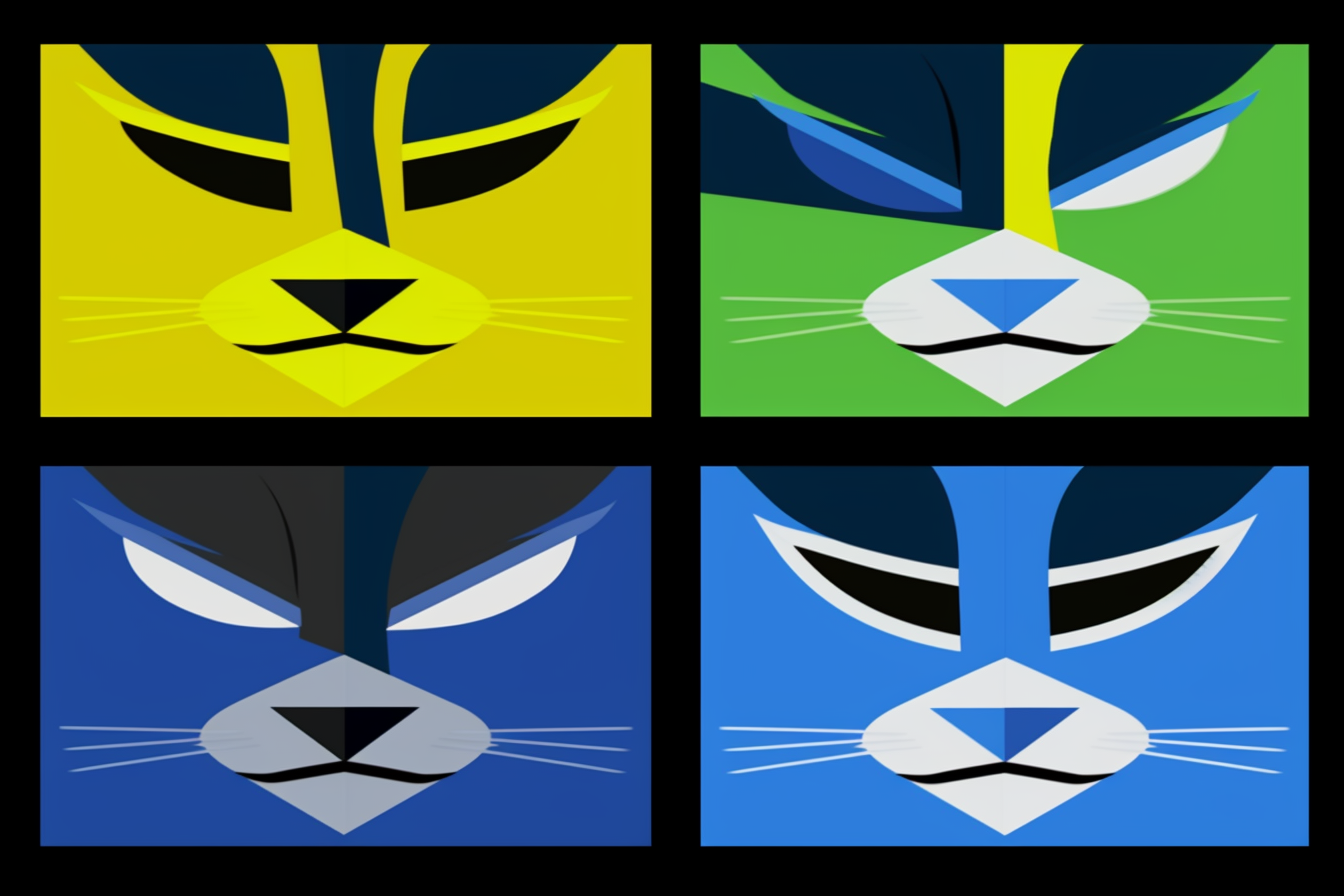 Futuristic cat faces in primary colors