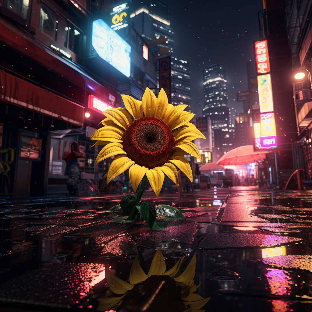 Closeup of a Realistic Sunflower on Futuristic Cyberpunk Street