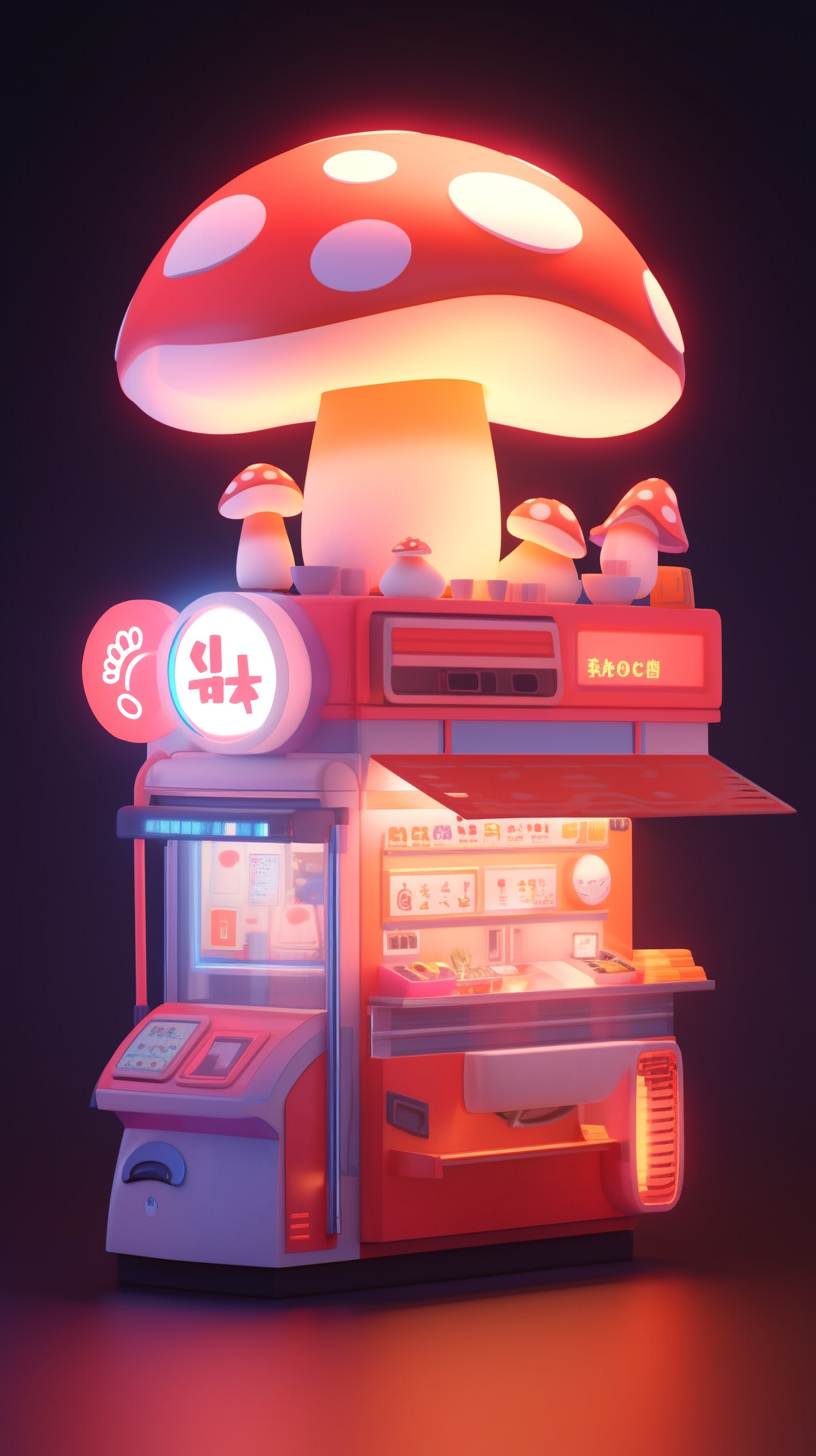 Isometric view of a futuristic Japanese mushroom vending machine