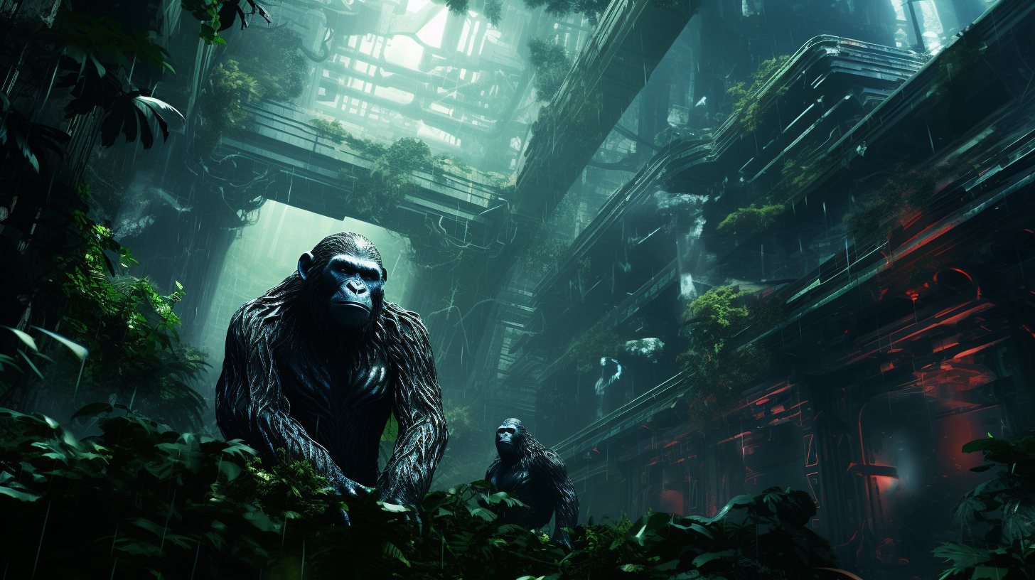 Cybernetic Apes in Futuristic Jungle