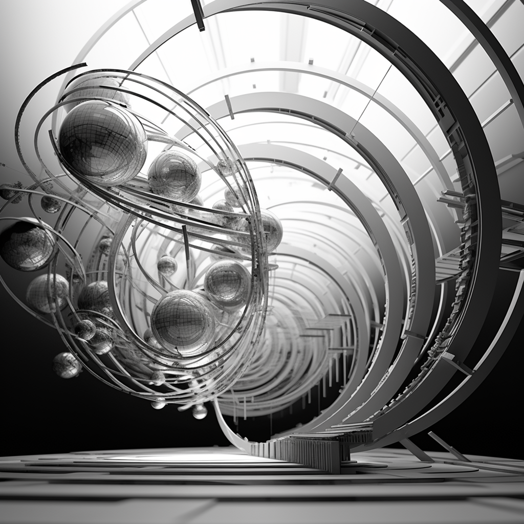 Futuristic kinetic art in black and white