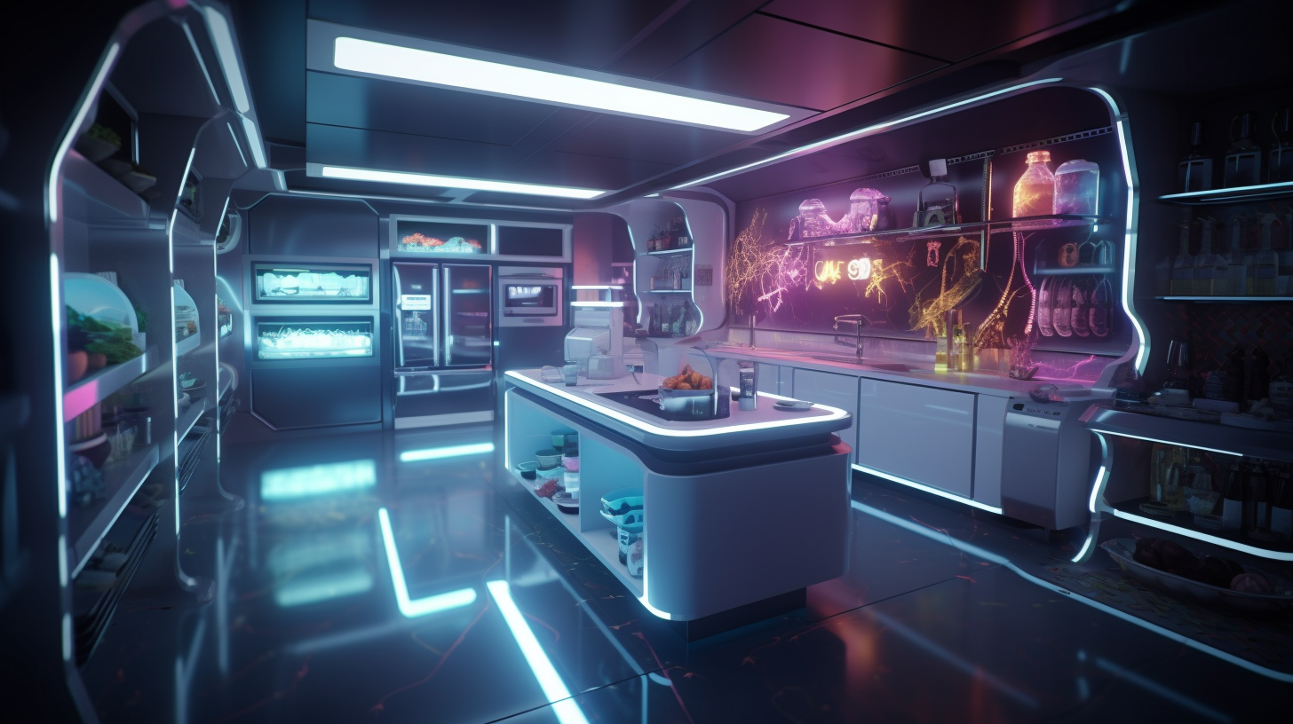 Futuristic kitchen in spaceship with holographic control panels