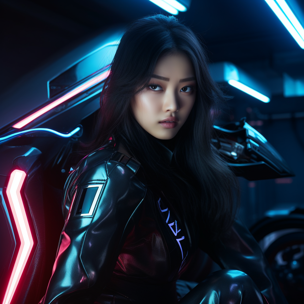 Young Korean woman in futuristic motorcycle suit